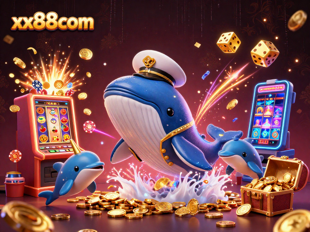 xx88com celebrates big wins with a whale in a sea of coins, playful dolphins, and gaming elements.