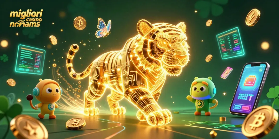 Engage with the migliori casino non aams atmosphere featuring a neon tiger and cryptocurrency motifs in a dynamic scene.