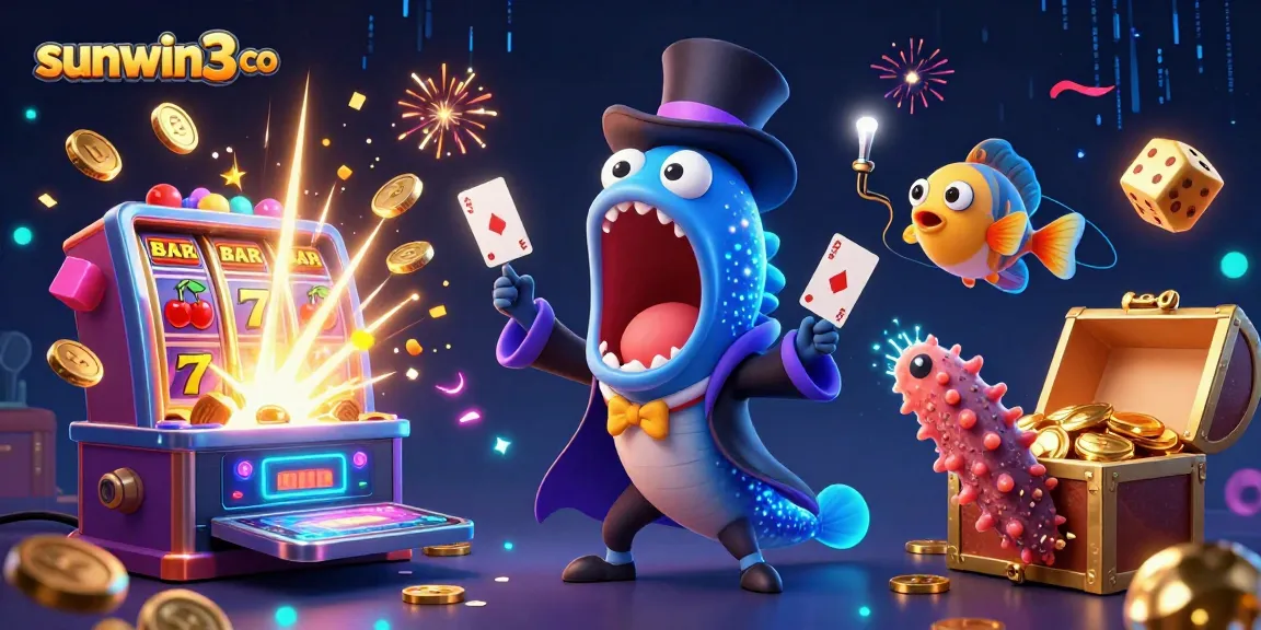 Watch as the sunwin3 co characters perform magic tricks amidst casino symbols and bursting jackpots.