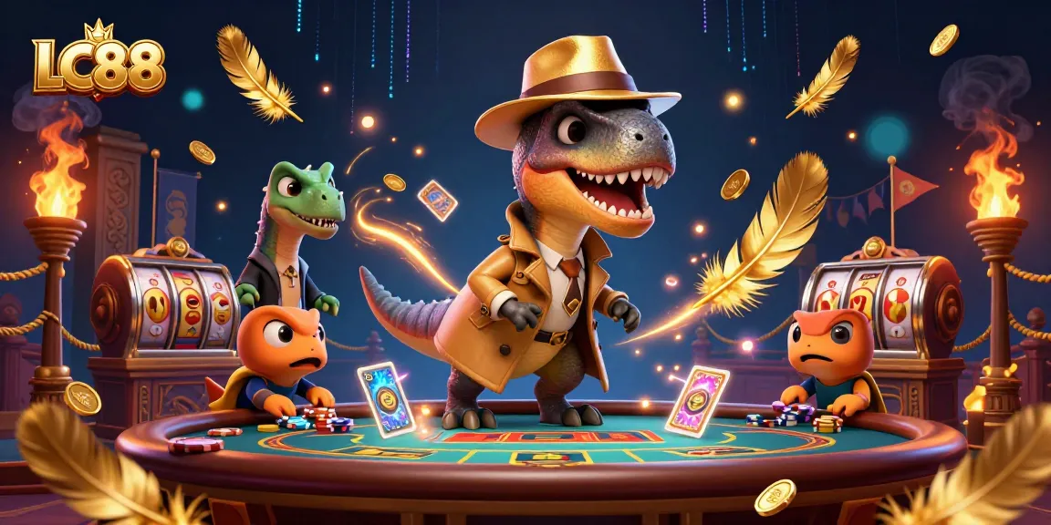 LC88's thrilling blackjack scene with a velociraptor, stegosaurus pit boss, and vibrant casino elements.