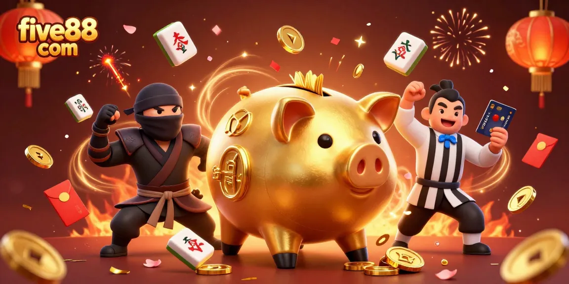 Win big at five88 com with a vibrant 3D illustration featuring a golden piggy bank and dynamic characters!
