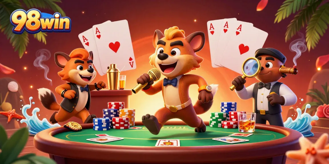 Experience vibrant gaming with 98win's lively casino scene featuring hyenas and poker action.