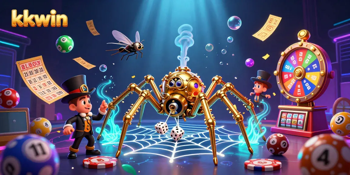 Engage with kkwin's vibrant casino world through a 3D illustration of a golden spider and its whimsical web filled with dynamic gambling elements.