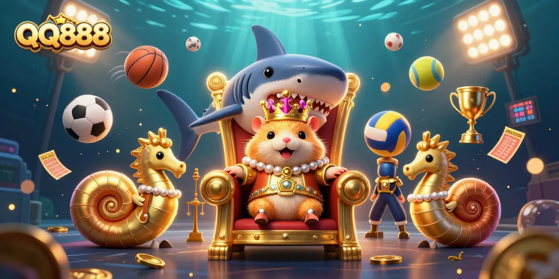 Experience the excitement of QQ888 with a dynamic underwater casino scene featuring a hamster king and sports elements.