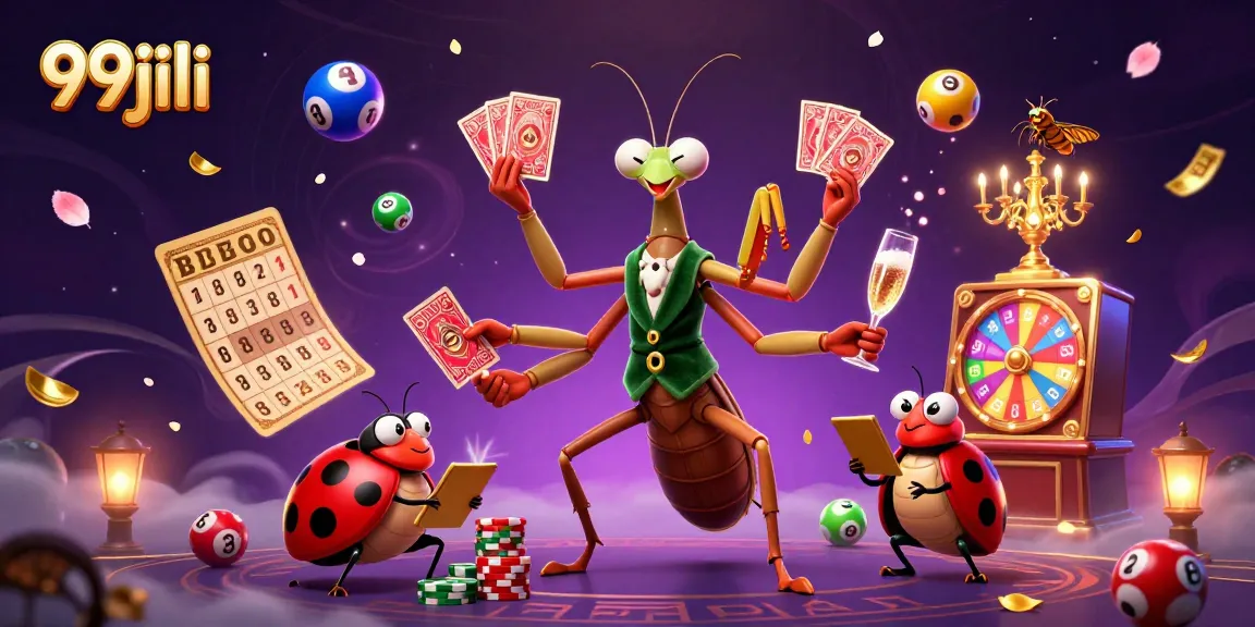 99jili features a vibrant scene of a giant praying mantis card sharp in action with colorful lottery elements.